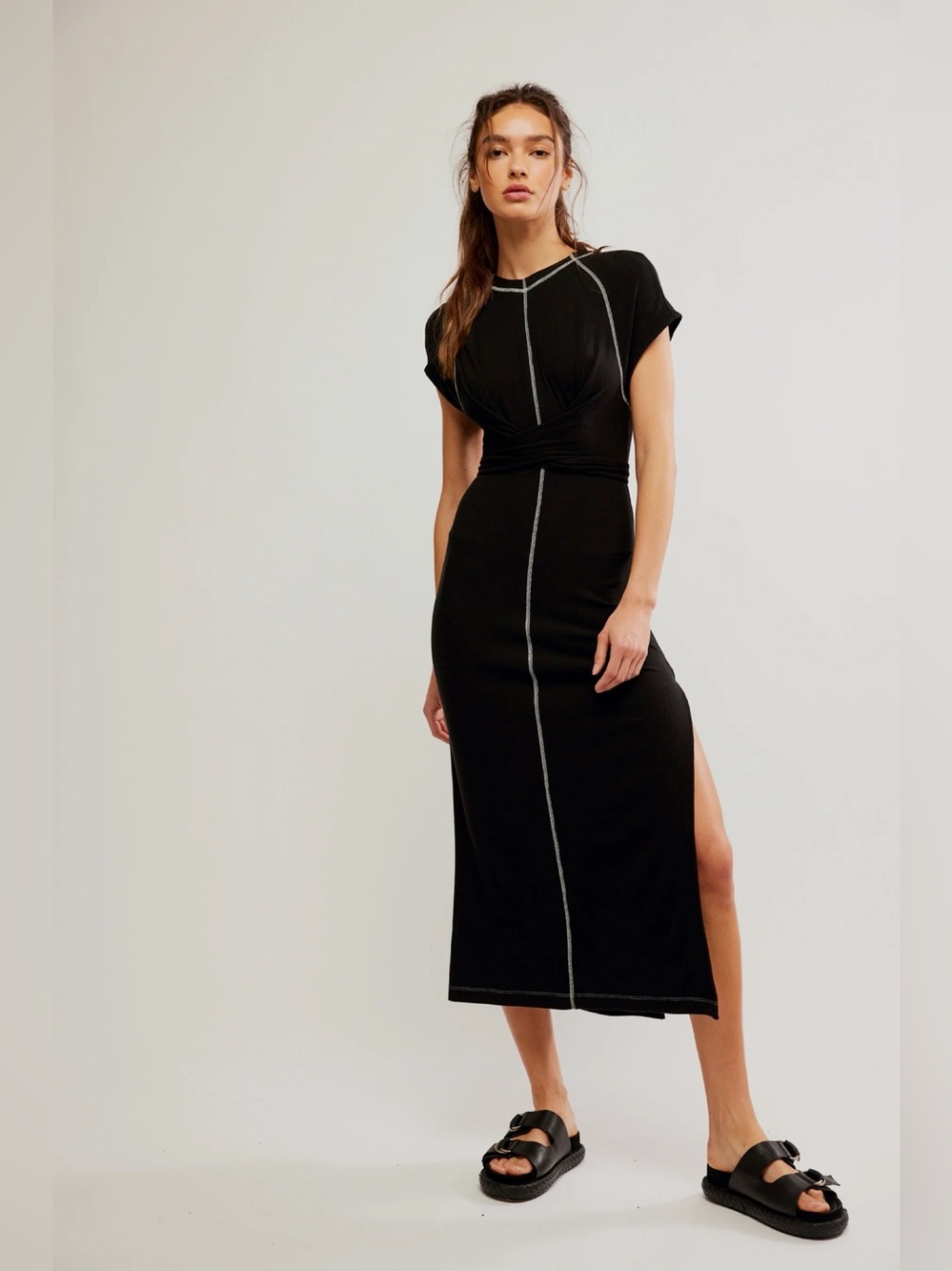 Free People Black Sunni Midi Black White Trim Split Hem Dress Size M